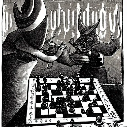 Image similar to playing a game of chess with the devil, fantasy illustration