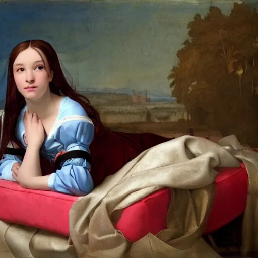 Prompt: renaissance painting of D.Va (overwatch) sitting on her bed