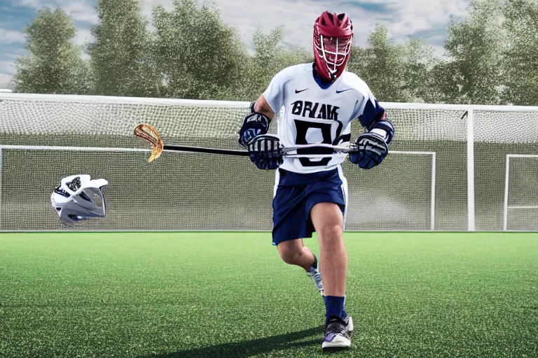 Image similar to lacrosse player, soccer field, cascade helmet, realistic, running, very detailed, 8k, high resolution, ultra realistic, no grain, symmetry, normal proportions, sports illustrated style, Cascade XRS Custom Lacrosse Helmet, brine lacrosse stick, Brine Lacrosse King V Gloves, normal feet, Nike Alpha Huarache 7 Elite, STX Surgeon 700 Lacrosse Arm Guards