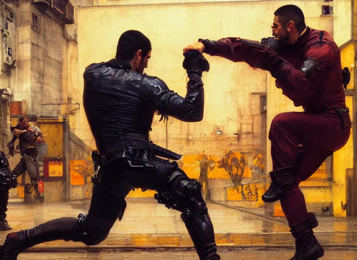 Prompt: Javier fights sgt Nash. Cyberpunk kickboxer in orange jumpsuit fighting menacing police troopers (blade runner 2049). attractive face. Epic painting by john william waterhouse and Edwin Longsden Long and Theodore Ralli and Nasreddine Dinet, oil on canvas. Cinematic, hyper realism, realistic proportions, dramatic lighting, high detail 4k