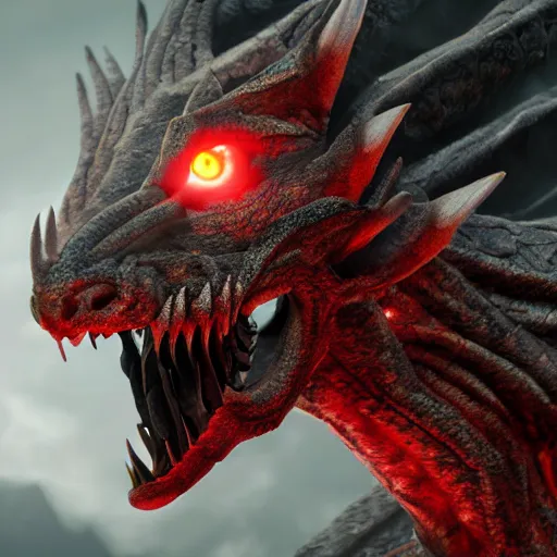 Image similar to portrait of the most fierce dragon ever, burning red eyes, photorealistic, intense lighting, unreal engine