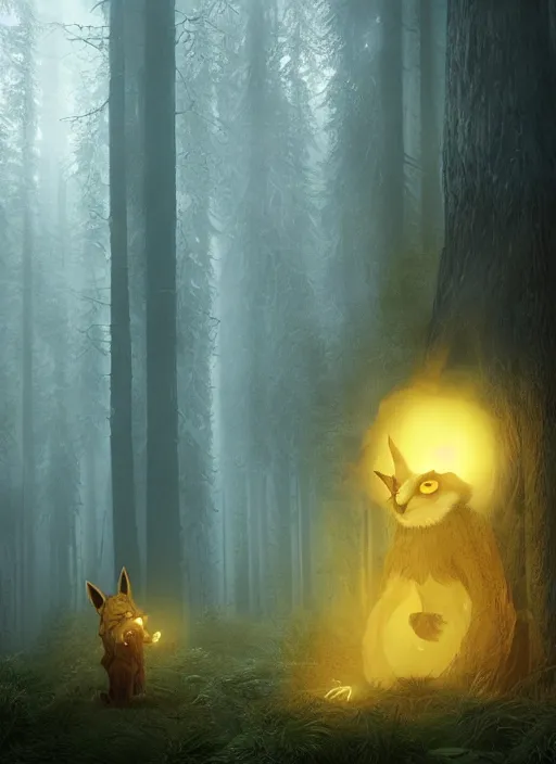 Image similar to a ominous furry creature with long twisted ears standing in a forest, big yellow glowing eyes, dark fantasy, michael kutsche, concept render, cinematic lighting