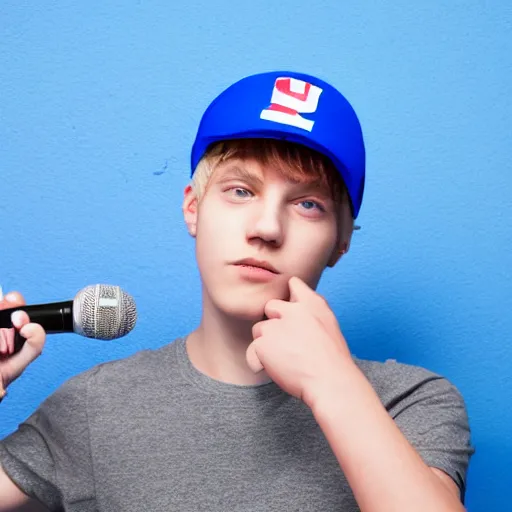 Image similar to a portrait of an american teenage boy with blue colored hair, wearing a red backwards cap, white t - shirt with a red no symbol on it, blue long pants and red shoes, holding a microphone, studio lighting, photoshoot, grey backdrop