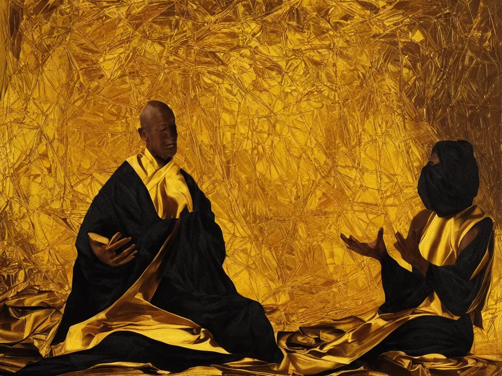 Image similar to hyperrealistic still life oil painting of a 3d sculpture of a monk dressed in black and gold robe, meditating sitting down wrapped in fabric and gently smiling, surrounded by prisms in a tesseract, by Caravaggio and bruce pennington, botanical print, surrealism, vivid colors, serene, golden ratio, minimalism, negative space