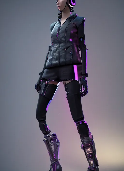 Image similar to haute couture, clothing setting for girl, model standing pose, futurism, vest, princess sleeve jacket, shorts, boots, headphones, cyberpunk style, render by octane and blender, hyper realistic, hyper detailed