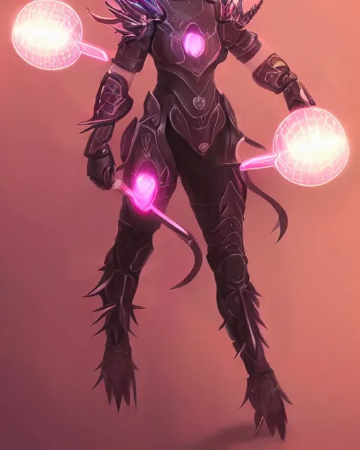 Prompt: concept art of a futuristic warrior, with large flower like spikes on her back, large pink glowing lights on her helmet, very sleek design, full body | | epic - fine - fine details by stanley artgerm lau, wlop, rossdraws, and sakimichan, trending on artstation, brush strokes