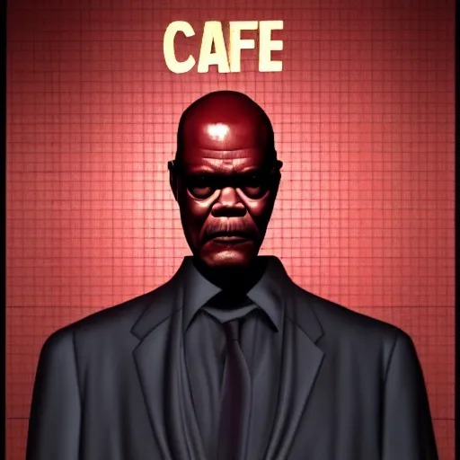 Image similar to film by david lynch, twin peaks style, pulp fiction movie, highly detailed, full - body, samuel l jackson posing in cafe, perfect symmetrical eyes, 8 k resolution, digital art, hyper realistic