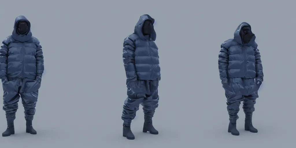 Image similar to kanye west wearing a cloth black face covering mask, a small, tight reflective bright blue puffer jacket made of nylon, jeans pants made and big black rubber boots in 3 d, blender, octane render, 3 d render, realistic, unreal engine, studio light, 4 k, 8 k