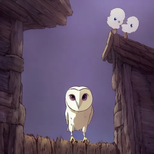 Prompt: a shot of a barn owl in a suit in howl's moving castle movie, movie shot, anime, hightly detailed, rescalated 4 k, detailed