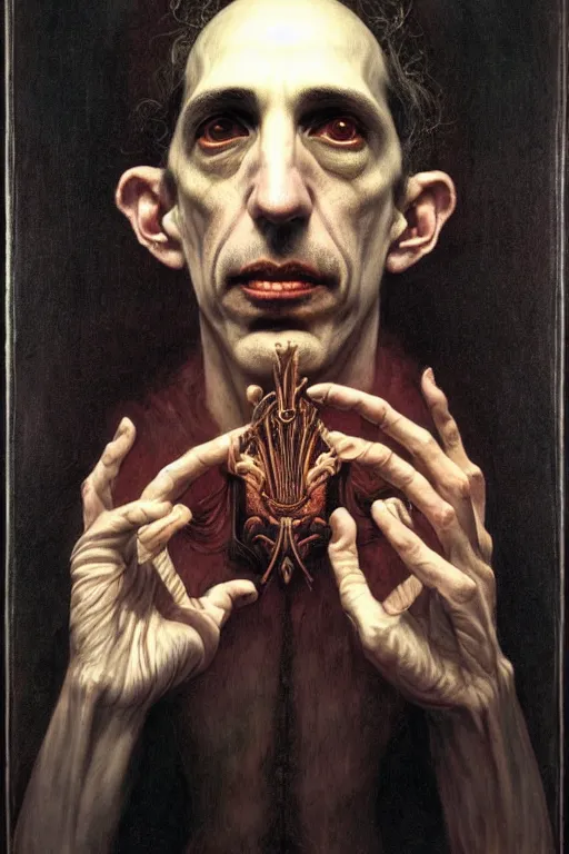 Image similar to an occult art portrait of douglas rushkoff by wayne barlowe, gustav moreau, goward,  Gaston Bussiere and roberto ferri, santiago caruso, and austin osman spare