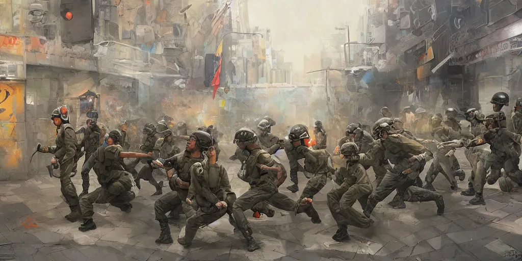 Image similar to street art mural of a military police arresting protestors by Peter Mohrbacher, James Jean, Craig Mullins, Ross Tran, Hiroshi Yoshida, Mark Simonetti