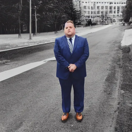 Image similar to the chubby white man stood patiently, his legs spread apart, wearing a dark gray chalk stripe three-piece suit, a blue dress shirt with white cuffs and collars, a midnight blue necktie, and a pair of worn-in wheat Timberland Boots