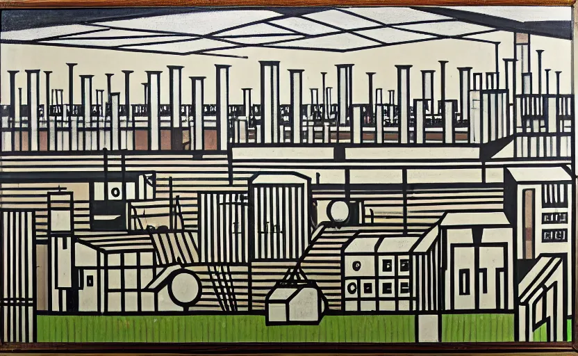 Image similar to geometric painting of industrial buildings surrounded by undergrowth by l. s. lowry