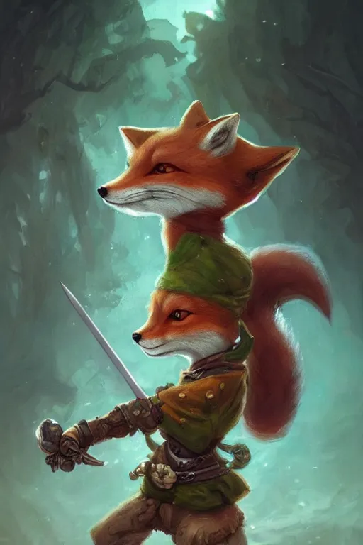 Image similar to cute little anthropomorphic fox, wielding a sword, tiny, small, short, green cloak, cute and adorable, pretty, beautiful, DnD character art portrait, matte fantasy painting, DeviantArt Artstation, by Jason Felix by Steve Argyle by Tyler Jacobson by Peter Mohrbacher, cinema