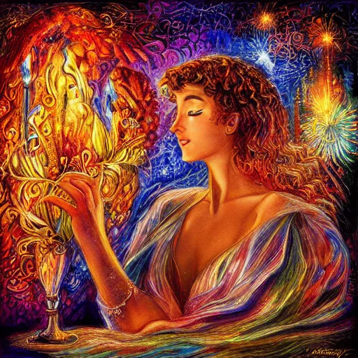 Image similar to album cover design by Josephine Wall, fireworks and cozy nook, digital art