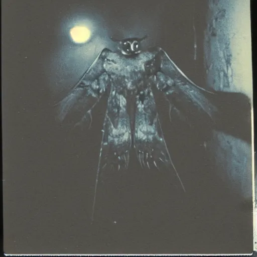 Prompt: real Polaroid picture of mothman with glowing eyes, realistic, picture taken in 1980, dark, scary atmosphere