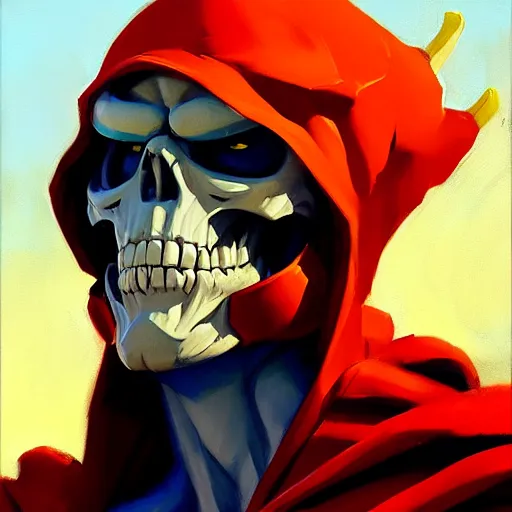 Image similar to Greg Manchess portrait painting of Skeletor as Overwatch character, medium shot, asymmetrical, profile picture, Organic Painting, sunny day, Matte Painting, bold shapes, hard edges, street art, trending on artstation, by Huang Guangjian and Gil Elvgren and Sachin Teng