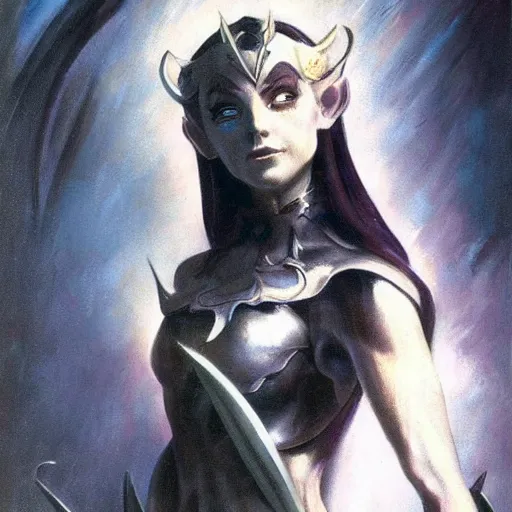 Image similar to elven queen character full body portrait by frank frazetta, fantasy, dungeons & dragons, sharp focus, beautiful, artstation contest winner, detailed