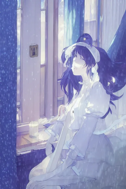 Image similar to a girl in a maid's outfit in the bedroom a night, raining outside the window, blue theme, wavy white long hair, by krenz cushart and mucha and akihito yoshida and greg rutkowski and makoto shinkai, 4 k resolution