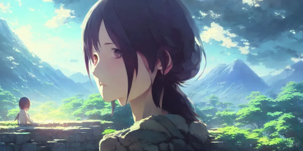 Image similar to ultra realistic, colors, 8 k, hd, details, fantasy, epic, ancient city, dreamy, landscape illustration concept art anime key visual trending pixiv fanbox by wlop and greg rutkowski and makoto shinkai and studio ghibli and kyoto animation symmetrical facial features