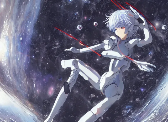 Image similar to This is a digital art piece by Yoshiyuki Sadamoto that is trending on artstation. It is a 8K UHD image of Rei Ayanami, a female anime character, inside a space station with technological rings. She is shot from the ground by Yoshiyuki Sadamoto. The environment is a concept design and the art is hyper realistic with intricate details.