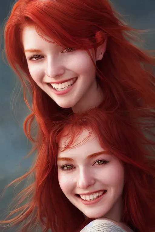 Image similar to ultra realistic style illustration of a cute red haired young woman smiling, 1 9 year old, headshot, sci - fi, fantasy, intricate, elegant, digital painting, artstation, concept art, smooth, sharp focus, illustration, 8 k frostbite 3 engine, ultra detailed, art by artgerm and greg rutkowski and magali villeneuve