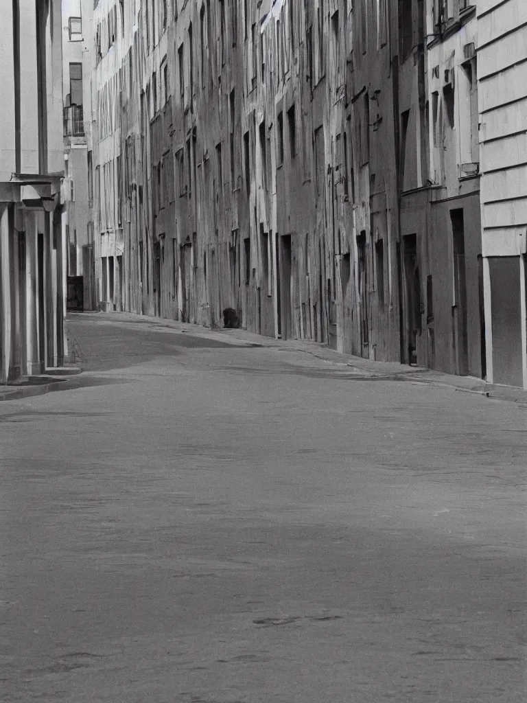 Prompt: a black and white photo of a city street by pietro testa, featured on tumblr, berlin secession, 1 9 7 0 s, 1 9 9 0 s, matte photo