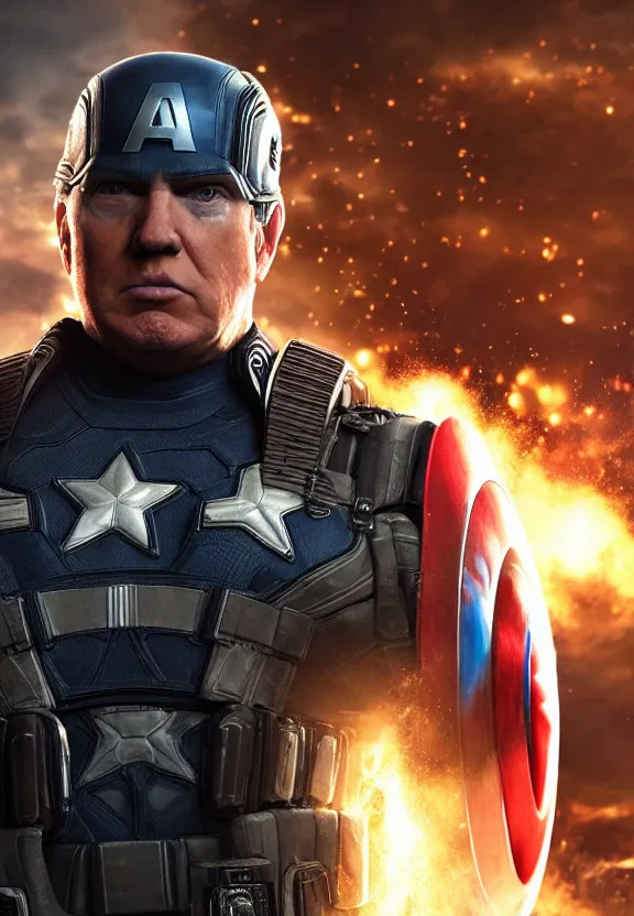 Image similar to Portrait of Donald Trump as captain america in Gears of War, splash art, movie still, cinematic lighting, dramatic, octane render, long lens, shallow depth of field, bokeh, anamorphic lens flare, 8k, hyper detailed, 35mm film grain