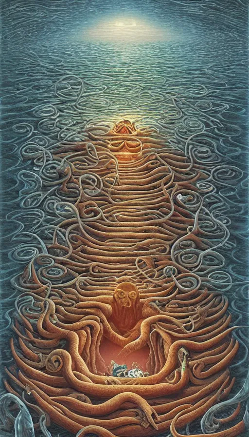 Image similar to man on boat crossing a body of water in hell with creatures in the water, sea of souls, by naoto hattori