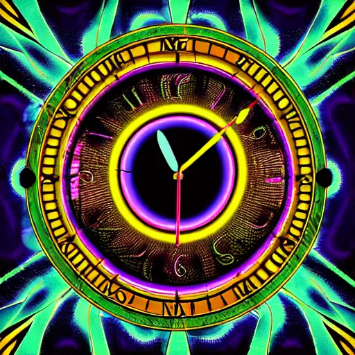 Prompt: a clock with eyes psychedelic rock album neon cover