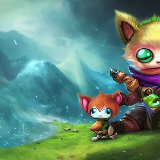 Prompt: league of legends teemo holds yuumi by her scruff, league of legends splash art