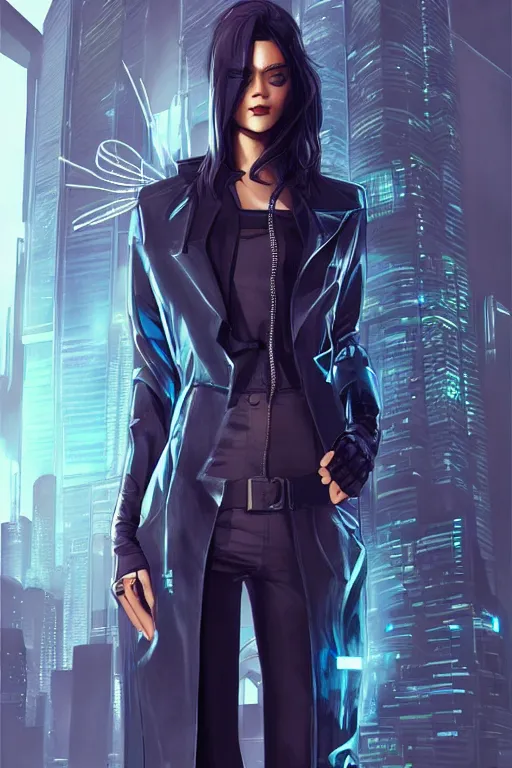 Prompt: Cyberpunk character art, wearing trenchcoat, by WLOP and artgerm, illustration, portrait, transhuman, tone mapped