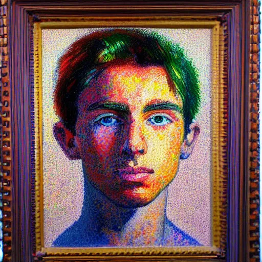 Prompt: oil on canvas, vivid colors, portrait of a young man, impressionistic, pointillism, it is painted really roughly