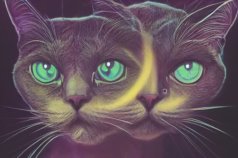 Image similar to portrait of surreal cat with 3rd eye, dmt, trippy, highly detailed, photorealistic, reflections, smooth, sharp focus, concept art, illustration, beautiful, geometric, trending on artstation, cinematic, featured on behance , artwork by WLOP and Tran, Ross