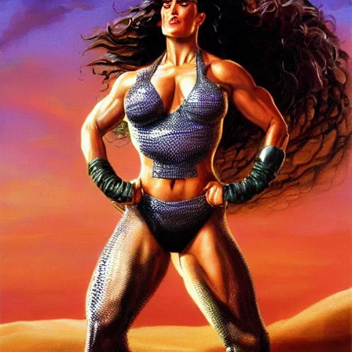 Prompt: A painting of Salma Hayek wearing a chainmail bikini , flexing muscles , by Boris Vallejo , Julie Bell , Gerald Brom Frank Frazetta , Jeff Easley cinematic , concept character, full body, barefoot , trending on Artstation