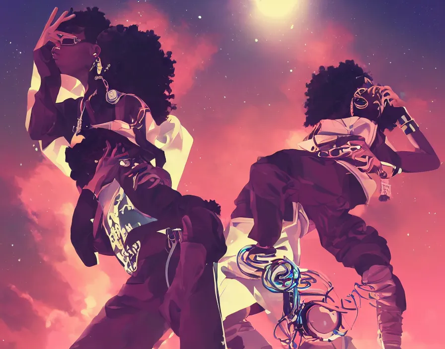 Image similar to afro - futuristic hip hop rappers, urban swagger, fashion and bling, hacking the multiverse of music and entertainment | hyperrealistic digital art | by makoto shinkai, ilya kuvshinov, lois van baarle, ross draws | afro - futurism, in the style of hair love, 4 k, trending on artstation | dark color scheme