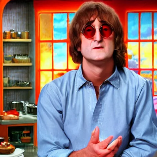 Image similar to john lennon on a cooking show, hd, 4 k, hyper realistic, intricate detail