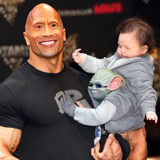 Prompt: Dwayne Johnson carries baby Yoda in his hands