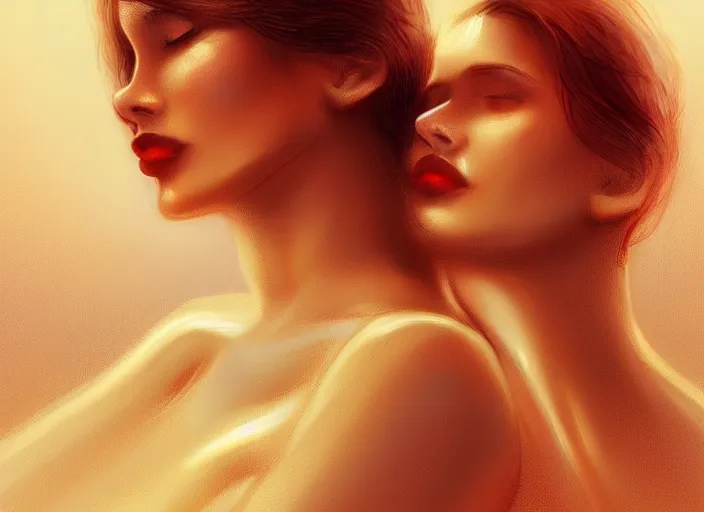 Prompt: woman love woman, sweet hugs, gold trim, atmoshperic, elegant, sharp focus, sand sea, red sun, huge lips, by n i x e u. artstation, intricate details