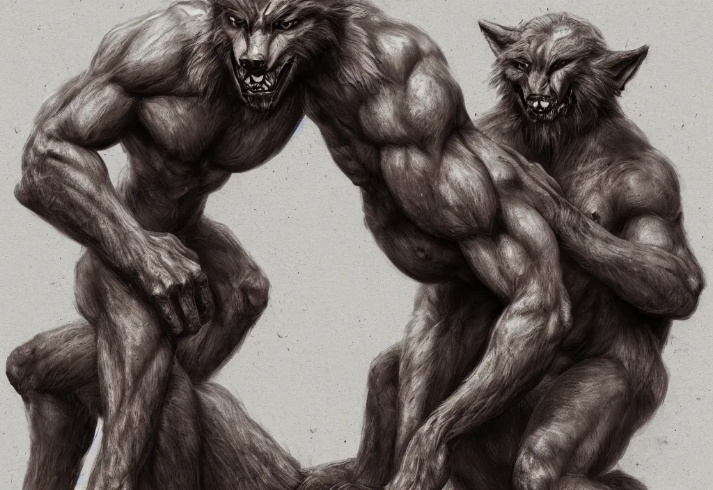 Image similar to Portrait of a two-headed werewolf sitting down, detailed face, bare thighs, fantasy, highly detailed, cinematic lighting, digital art