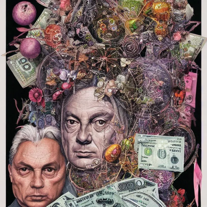 Prompt: new age album cover, asymmetrical design, viktor orban, dollar bank notes, capitalism, magic, psychedelic, black white pink, highly detailed, magic, giger h. r., giuseppe arcimboldo