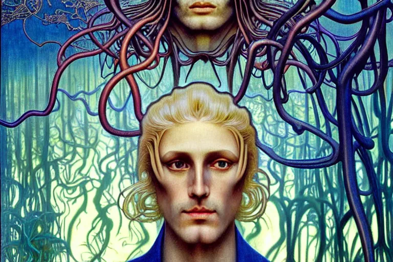 Image similar to realistic detailed portrait painting of a beautiful ghost man with blond hair with an alien, futuristic sci-fi forest on background by Jean Delville, Amano, Yves Tanguy, Alphonse Mucha, Ernst Haeckel, Edward Robert Hughes, Roger Dean, rich moody colours, blue eyes