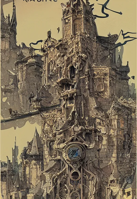 Image similar to [Art nouveau poster of a bunker adorned with gargoyles and checkered flags. Propaganda poster!, intricate, elegant, highly detailed, digital painting, artstation, concept art, matte, sharp focus, illustration, art by Enki Bilal and Moebius]