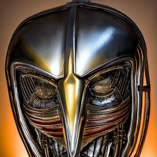 Image similar to a 4 k photo of a colorful warrior knight mask made of chrome gold and iron by h. r. giger with awesomely beautiful lighting.
