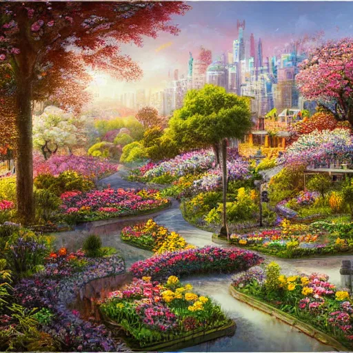 Image similar to a woodland city blooming with flowers by christian dimitrov, cityscape, multilevel, detailed, beautiful, realistic