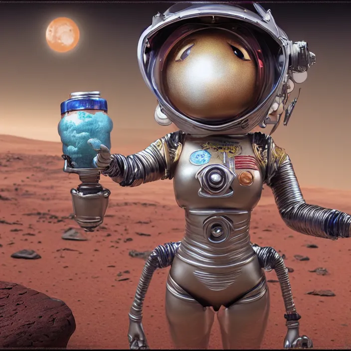 Image similar to highly detailed closeup, portrait of a tin toy bikini spacegirl in a spaceship on mars, unreal engine, nicoletta ceccoli, mark ryden, earl norem, lostfish, global illumination, detailed and intricate environment