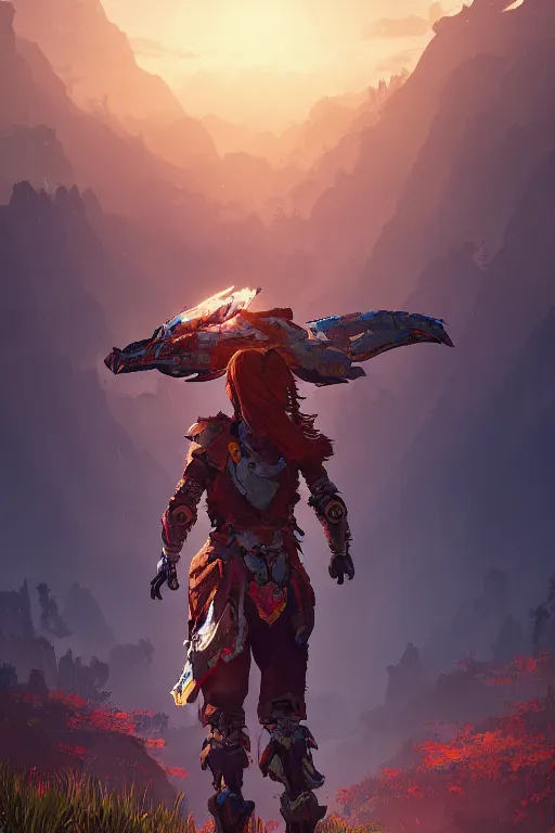 Image similar to combination suit armor aloy horizon forbidden west horizon zero dawn radiating a glowing aura global illumination ray tracing hdr fanart arstation by ian pesty and alena aenami artworks in 4 k tribal robot ninja mask helmet backpack