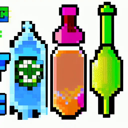 Prompt: pixel art, sprite, vector sheet, potions, magical, colorful, no background, very detailed, high resolution