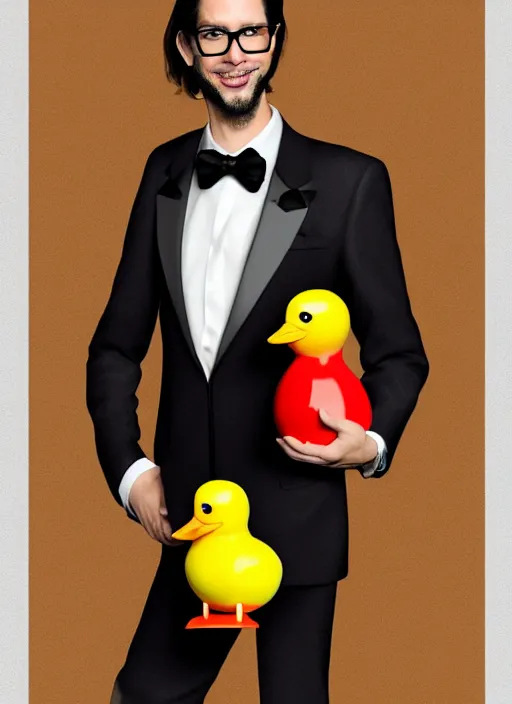 Prompt: a beautiful chad german guy with very long chestnut! hair, with glasses and short stubble! goatee on a tuxedo holding a rubber duck!, trade offer meme, digital painting, concept art, matte