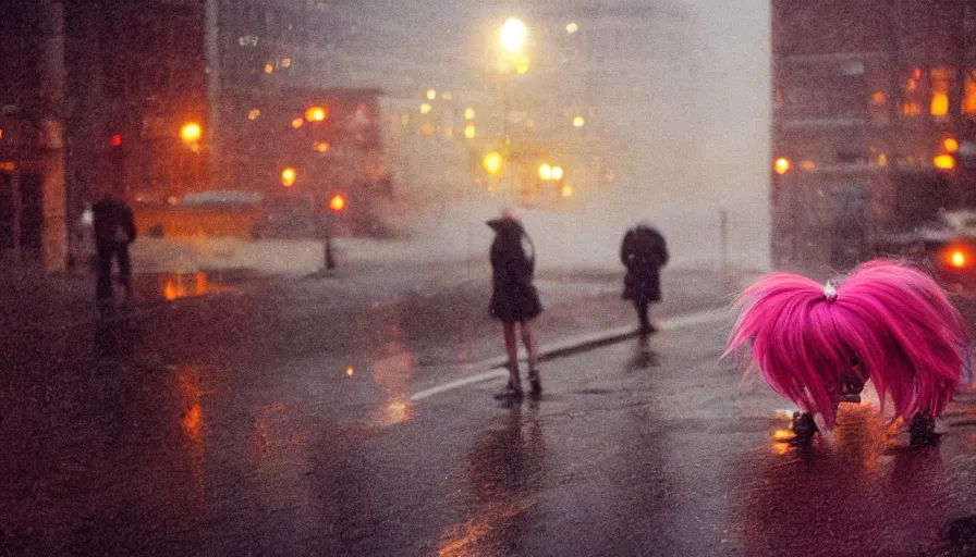 Image similar to street of philadelphia, photography, night, rain, mist, a girl with pink hair, cinestill 8 0 0 t, in the style of william eggleston